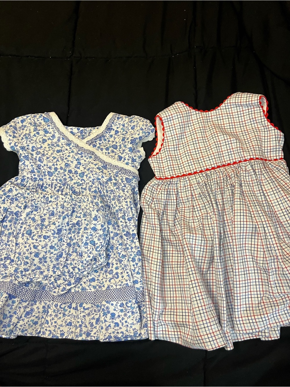 Bundle (2) Toddler Girls' Blue Floral & Blue & White Plaid with Red Trim Dresses